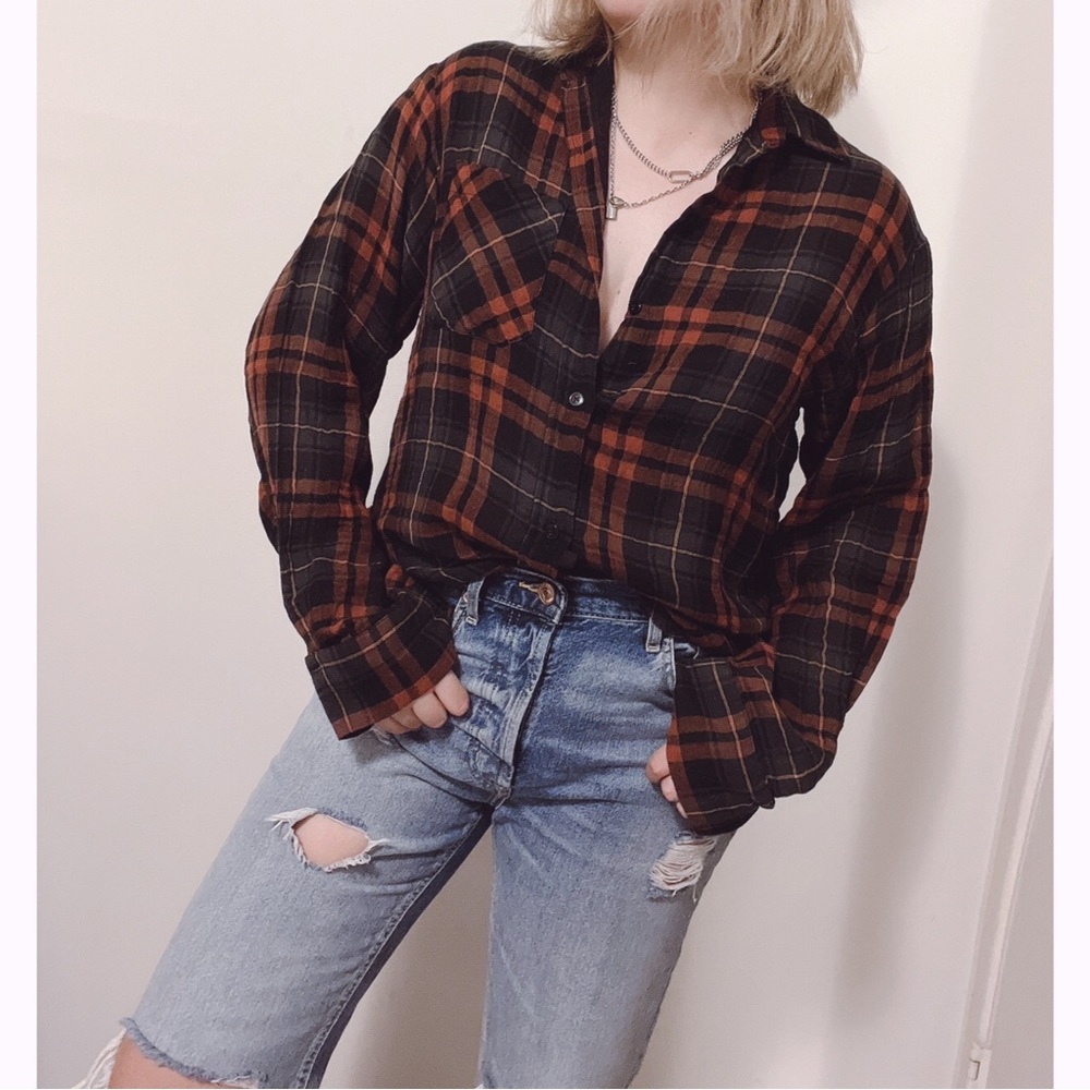NWOT Zara Soft Flowy Plaid Button Down A-Line Shirt Fall Colors Size XS